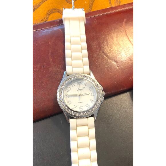 Women's 40mm Silver Tone Vivani Watch, Crystal Accents, White Poly Band - Picture 1 of 3
